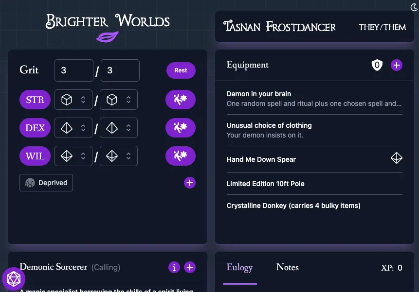 Screenshot of the Brighter Worlds Online interface