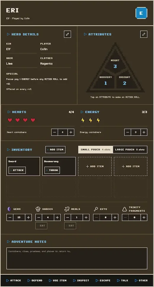 Screenshot of the Cerulean Hero interface