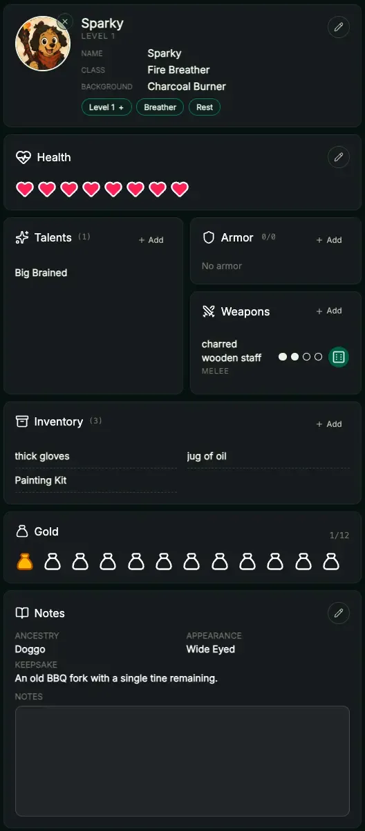 Screenshot of the Nimble Sheet interface