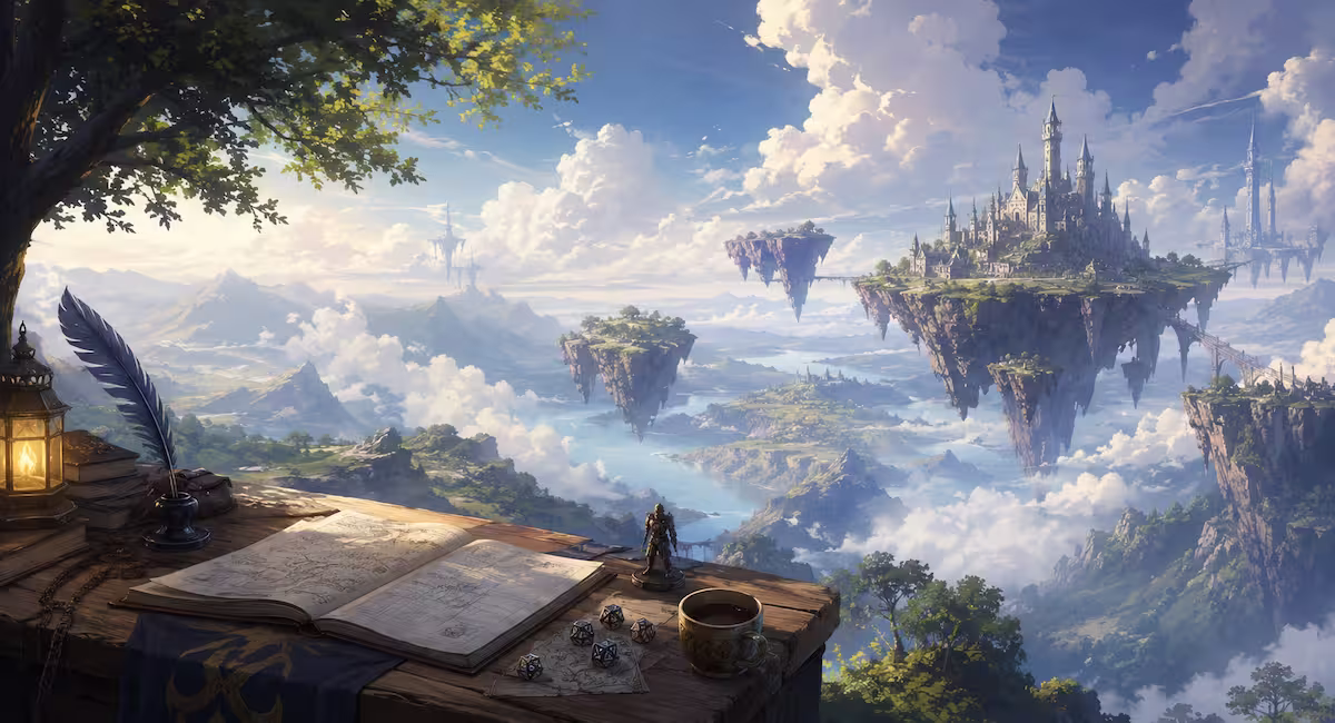 A desk with TTRPG supplies on a floating island in the clouds amid other floating islands.